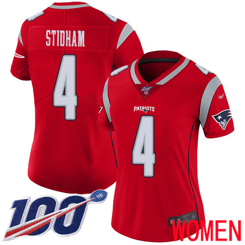 New England Patriots Limited Red Women #4 Jarrett Stidham NFL Jersey 100th Season Inverted->women nfl jersey->Women Jersey